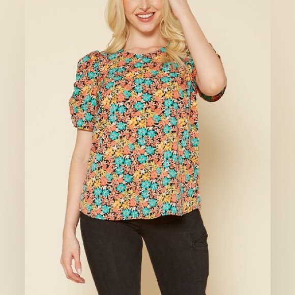 Pleione floral short sleeve flowy top printed medium M nwot is blouse dress - Picture 3 of 3